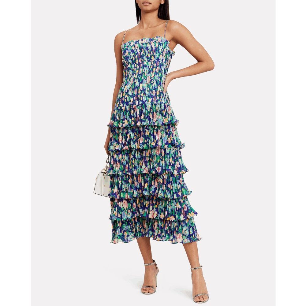 AMUR Women's Floral Tiered Pleated Viola Floral Midi Dress Blue Pink Size 4